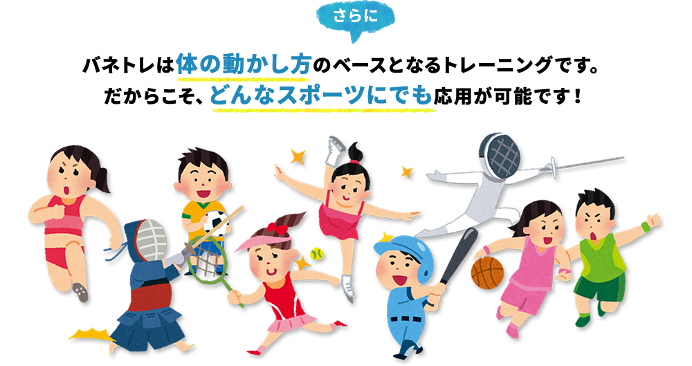 さらに、バネトレは体の動かし方のベースとなるトレーニングです。だからこそ、どんなスポーツにでも応用が可能です！